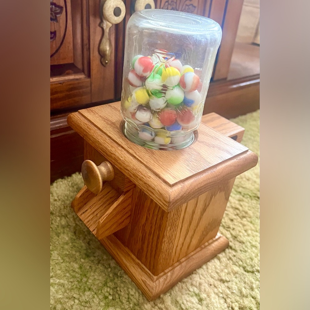 COPY - Vintage Hand Made Candy/Toys
Dispenser. Made of Wood w/ a Glass Mason Ja…